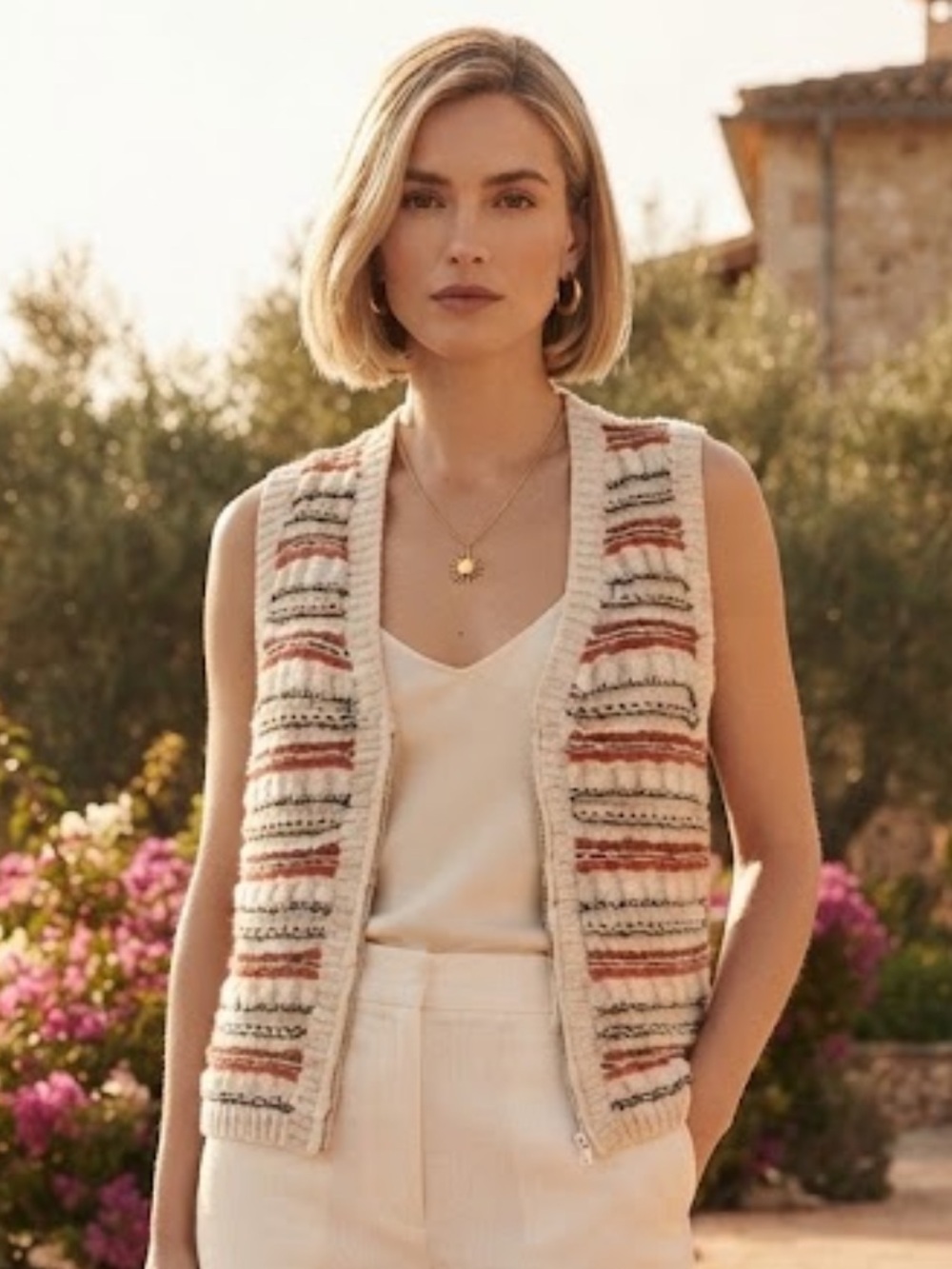 Jones New York handmade linen cotton silk zipper v neck vest